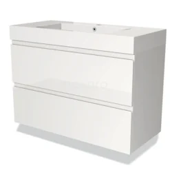 Modulo Badkamermeubel Met Wastafel | 100 Cm Hoogglans Wit Greeploos Front Mineraalmarmer 2 Lades Onder Elkaar