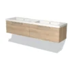 Modulo Badkamermeubel Met Wastafel | 180 Cm Lichtbruin Eiken Vlak Front Mineraalmarmer 2 Lades Naast Elkaar