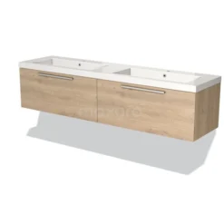 Modulo Badkamermeubel Met Wastafel | 180 Cm Lichtbruin Eiken Vlak Front Mineraalmarmer 2 Lades Naast Elkaar