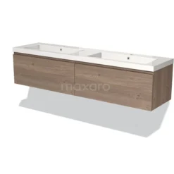 Modulo Badkamermeubel Met Wastafel | 180 Cm Middenbruin Eiken Greeploos Front Mineraalmarmer 2 Lades Naast Elkaar