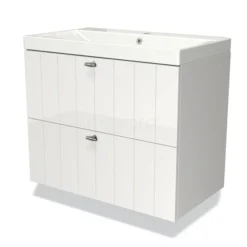 Modulo Badkamermeubel Met Wastafel | 80 Cm Hoogglans Wit Lamel Front Keramiek 2 Lades Onder Elkaar