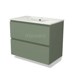 Modulo Badkamermeubel Met Wastafel | 80 Cm Saliegroen Greeploos Front Keramiek 2 Lades Onder Elkaar