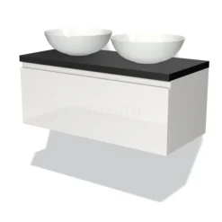 Modulo Plato Badkamermeubel Voor Waskom | 100 Cm Hoogglans Wit Greeploos Front Mat Zwart Blad 1 Lade