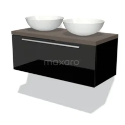 Modulo Plato Badkamermeubel Voor Waskom | 100 Cm Hoogglans Zwart Vlak Front Donkerbruin Eiken Blad 1 Lade