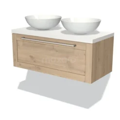 Modulo Plato Badkamermeubel Voor Waskom | 100 Cm Lichtbruin Eiken Kader Front Mat Wit Blad 1 Lade