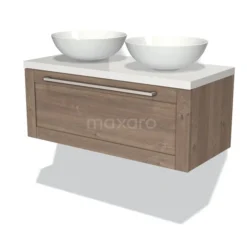 Modulo Plato Badkamermeubel Voor Waskom | 100 Cm Middenbruin Eiken Kader Front Hoogglans Wit Blad 1 Lade