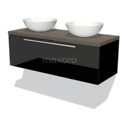 Modulo Plato Badkamermeubel Voor Waskom | 120 Cm Hoogglans Zwart Vlak Front Donkerbruin Eiken Blad 1 Lade