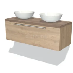 Modulo Plato Badkamermeubel Voor Waskom | 120 Cm Lichtbruin Eiken Vlak Front Middenbruin Eiken Blad 1 Lade