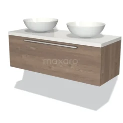 Modulo Plato Badkamermeubel Voor Waskom | 120 Cm Middenbruin Eiken Vlak Front Hoogglans Wit Blad 1 Lade