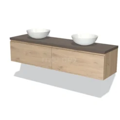 Modulo Plato Badkamermeubel Voor Waskom | 180 Cm Lichtbruin Eiken Greeploos Front Donkerbruin Eiken Blad 2 Lades Naast Elkaar