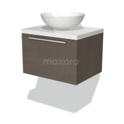 Modulo Plato Badkamermeubel Voor Waskom | 60 Cm Donkerbruin Eiken Vlak Front Hoogglans Wit Blad 1 Lade