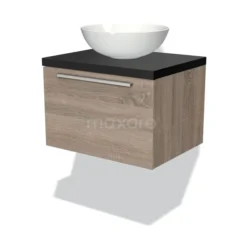 Modulo Plato Badkamermeubel Voor Waskom | 60 Cm Eiken Vlak Front Mat Zwart Blad 1 Lade