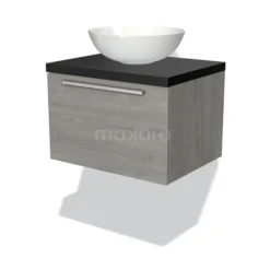 Modulo Plato Badkamermeubel Voor Waskom | 60 Cm Grijs Eiken Vlak Front Mat Zwart Blad 1 Lade