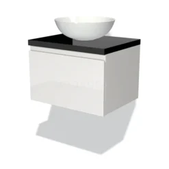 Modulo Plato Badkamermeubel Voor Waskom | 60 Cm Hoogglans Wit Greeploos Front Hoogglans Zwart Blad 1 Lade