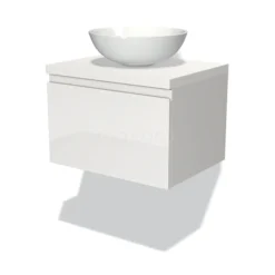 Modulo Plato Badkamermeubel Voor Waskom | 60 Cm Hoogglans Wit Greeploos Front Mat Wit Blad 1 Lade