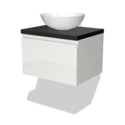 Modulo Plato Badkamermeubel Voor Waskom | 60 Cm Hoogglans Wit Greeploos Front Mat Zwart Blad 1 Lade