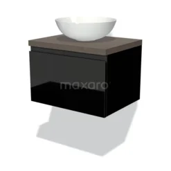 Modulo Plato Badkamermeubel Voor Waskom | 60 Cm Hoogglans Zwart Greeploos Front Donkerbruin Eiken Blad 1 Lade