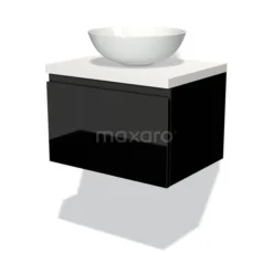 Modulo Plato Badkamermeubel Voor Waskom | 60 Cm Hoogglans Zwart Greeploos Front Mat Wit Blad 1 Lade