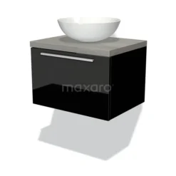 Modulo Plato Badkamermeubel Voor Waskom | 60 Cm Hoogglans Zwart Vlak Front Grijs Eiken Blad 1 Lade