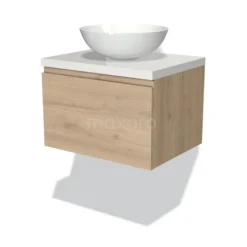 Modulo Plato Badkamermeubel Voor Waskom | 60 Cm Lichtbruin Eiken Greeploos Front Hoogglans Wit Blad 1 Lade