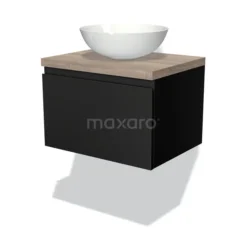 Modulo Plato Badkamermeubel Voor Waskom | 60 Cm Mat Zwart Greeploos Front Eiken Blad 1 Lade