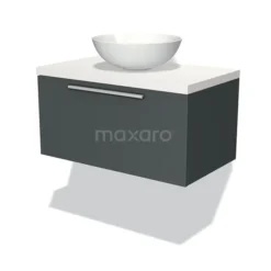 Modulo Plato Badkamermeubel Voor Waskom | 80 Cm Donkergrijs Vlak Front Mat Wit Blad 1 Lade