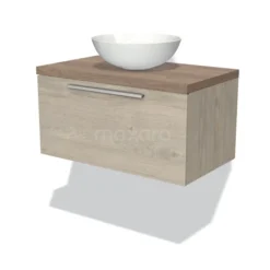 Modulo Plato Badkamermeubel Voor Waskom | 80 Cm Lichtgrijs Eiken Vlak Front Middenbruin Eiken Blad 1 Lade