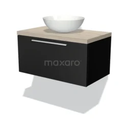 Modulo Plato Badkamermeubel Voor Waskom | 80 Cm Mat Zwart Vlak Front Lichtgrijs Eiken Blad 1 Lade