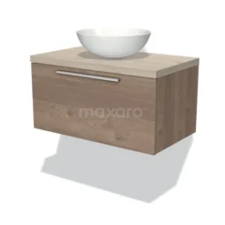 Modulo Plato Badkamermeubel Voor Waskom | 80 Cm Middenbruin Eiken Vlak Front Lichtgrijs Eiken Blad 1 Lade