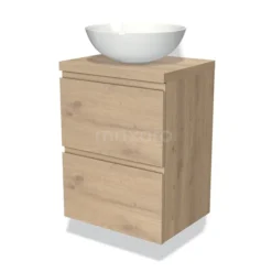 Modulo Plato Slim Badkamermeubel Voor Waskom | 50 Cm Lichtbruin Eiken Greeploos Front Lichtbruin Eiken Blad 2 Lades Onder Elkaar