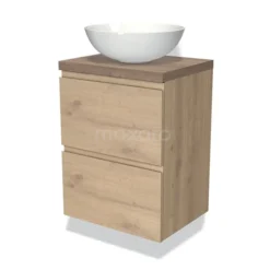 Modulo Plato Slim Badkamermeubel Voor Waskom | 50 Cm Lichtbruin Eiken Greeploos Front Middenbruin Eiken Blad 2 Lades Onder Elkaar