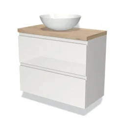 Modulo Plato Slim Badkamermeubel Voor Waskom | 80 Cm Hoogglans Wit Greeploos Front Lichtbruin Eiken Blad 2 Lades Onder Elkaar