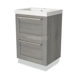Modulo Slim Badkamermeubel Met Wastafel | 50 Cm Grijs Eiken Kader Front Mineraalmarmer 2 Lades Onder Elkaar