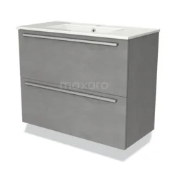 Modulo Slim Badkamermeubel Met Wastafel | 80 Cm Lichtgrijs Beton Vlak Front Keramiek 2 Lades Onder Elkaar