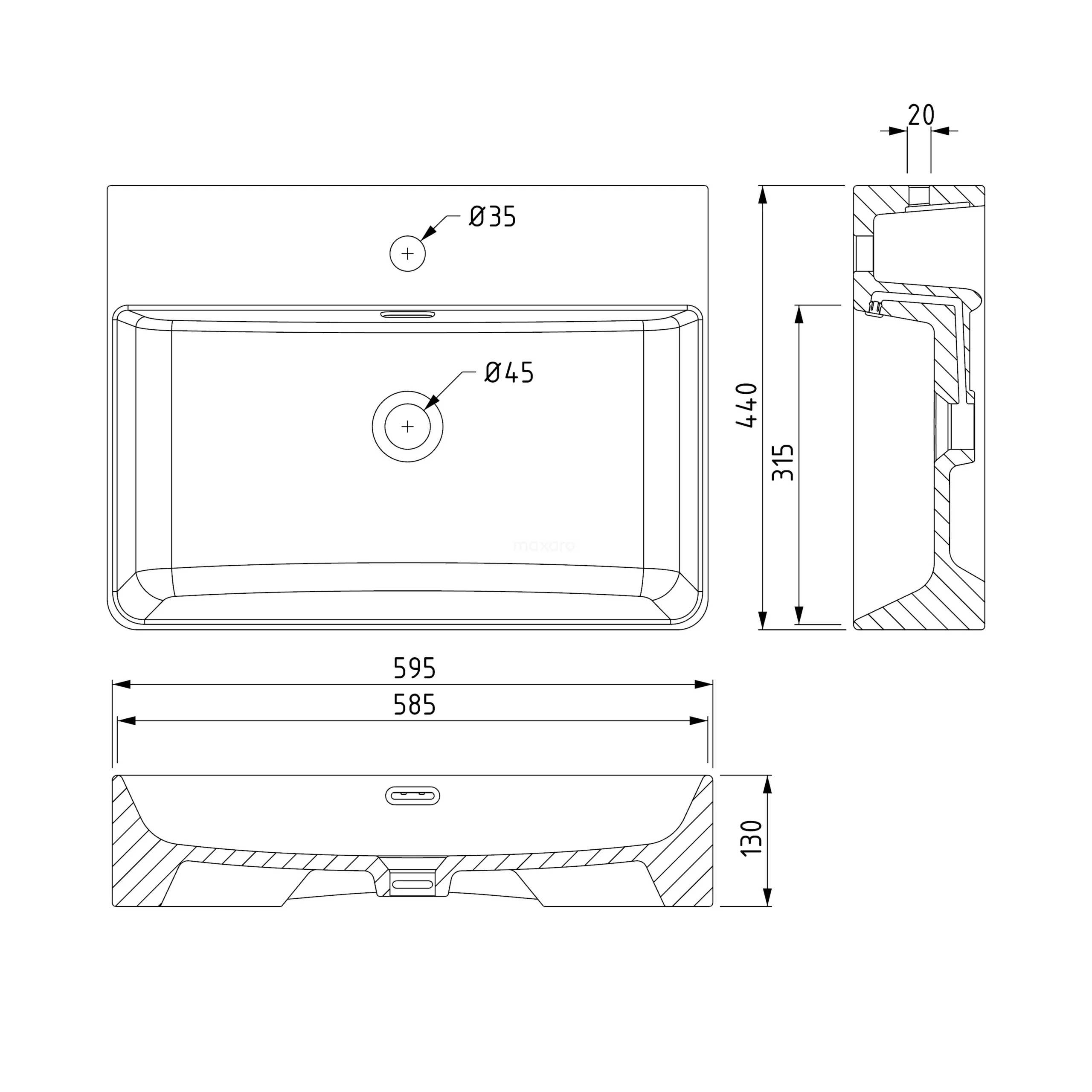 Vrijhangende Wastafel Clasico 59,5 Cm Keramiek Mat Wit 1 Kraangat 2 Vrijhangende Wastafel Clasico 59,5 Cm Keramiek Mat Wit 1 Kraangat - Afbeelding 2